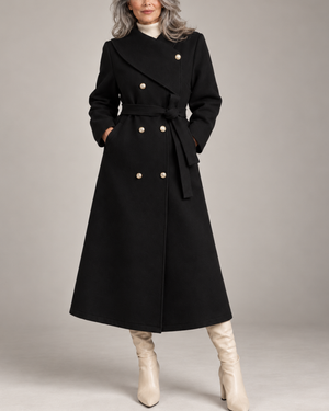 Women's black jacket side view — outerwear — Eleanor Wrap-Collar Coat — Sonverdano