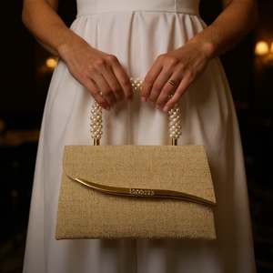 Gold handbag with pearl handles held by a person in a white dress.