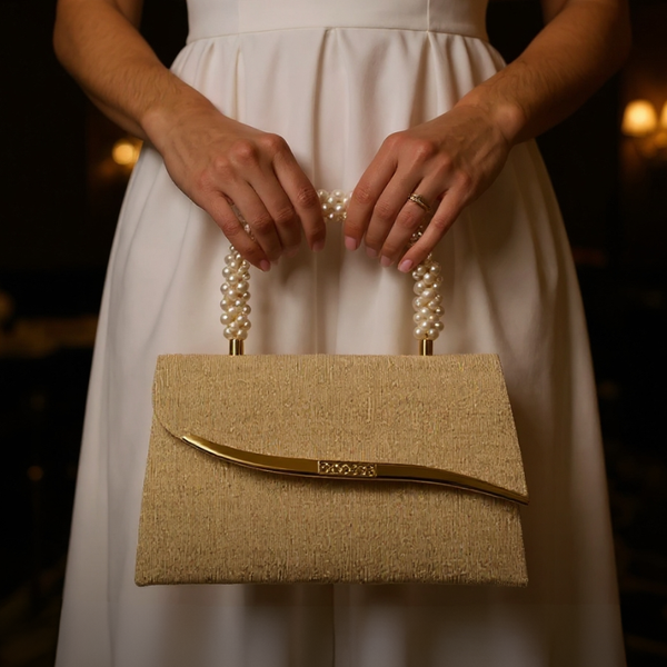 Gold handbag with pearl handles held by a person in a white dress.