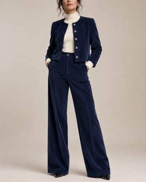 Women's navy ribbed pants side view — versatile — Sissi Corduroy 2-Piece Set — Sonverdano