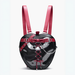 Black heart-shaped backpack with red accents on a white background