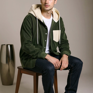 Man wearing a green and beige hoodie sitting on a wooden stool against a plain background