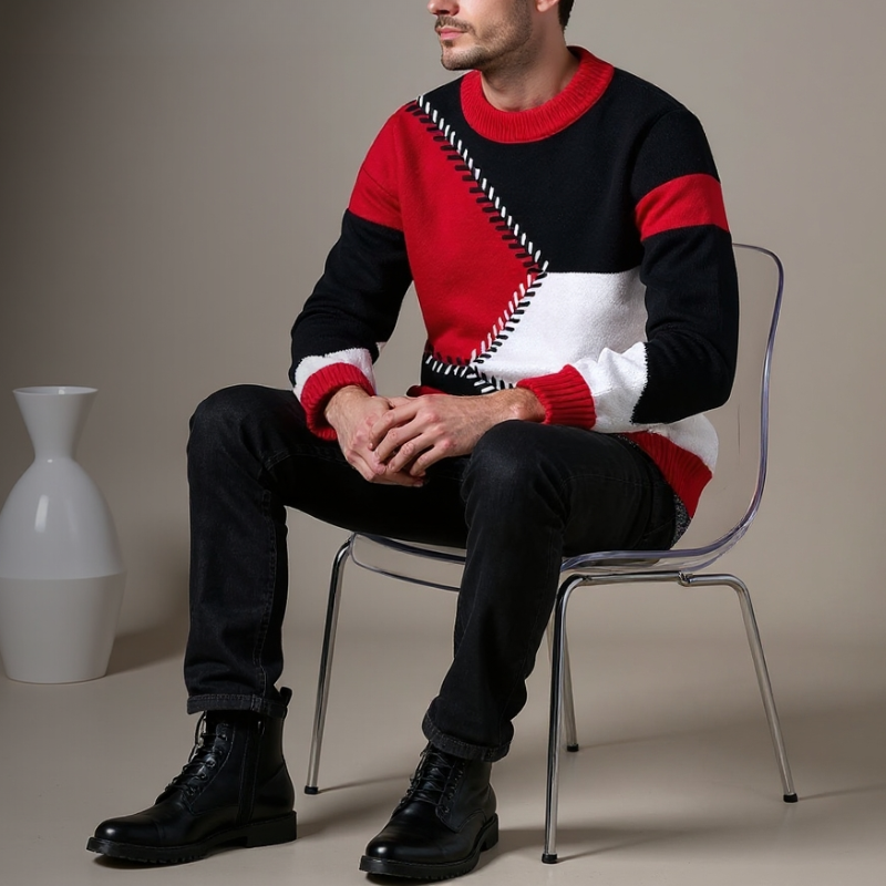 Man wearing a patterned sweater sitting on a chair with a neutral background