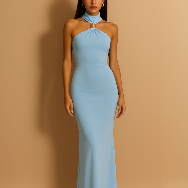 Black halter neck dress on a model against a beige background