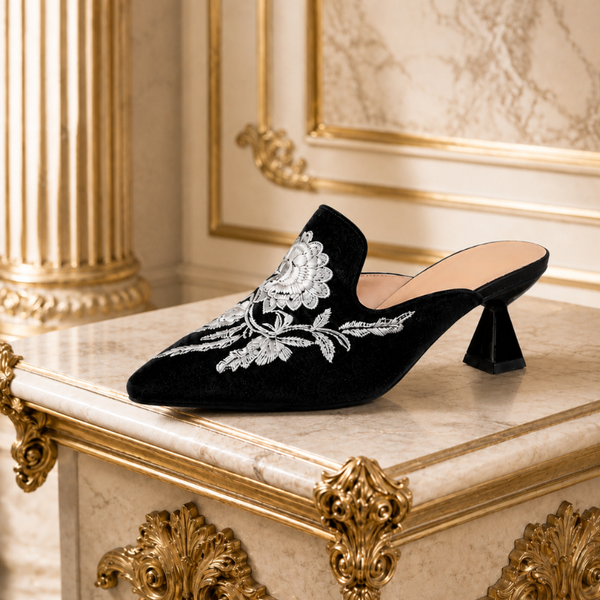 Women's floral heels color detail — elegant — Harriet Embroidered Pointed Mules — Sonverdano