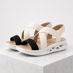 Women's beige & black geometric sandals close-up — versatile — Florence Orthopedic Sandals — Sonverdano