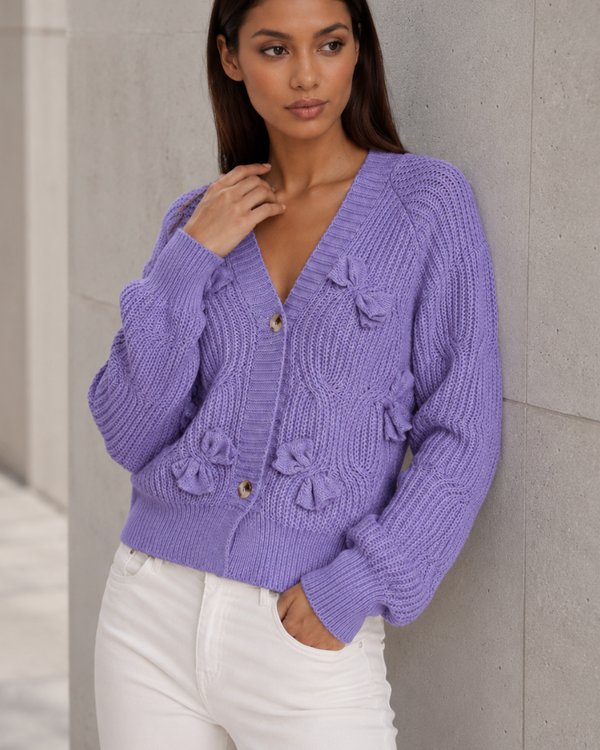 Women's textured cardigan styled look — cozy — Ariana Bow Knit Cardigan — Sonverdano