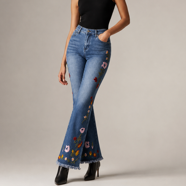 Women's floral jeans alternate angle — casual — Flora Embroidered Flare Jeans — Sonverdano