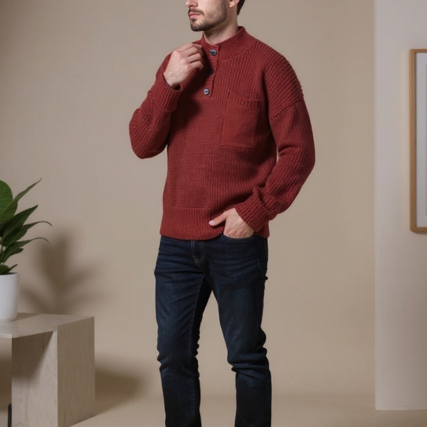 Man wearing a red sweater and dark jeans standing against a beige wall.