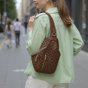 Woman wearing a brown patterned backpack on a city street