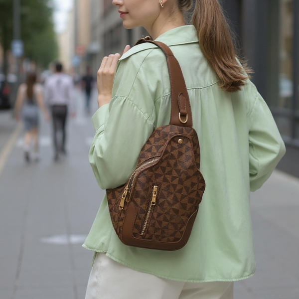 Woman wearing a brown patterned backpack on a city street