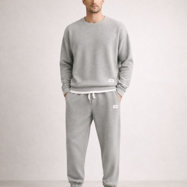 Person wearing a gray tracksuit with a plain background