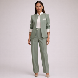 Woman wearing a green suit with a white shirt on a light gray background