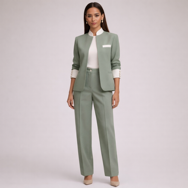 Woman wearing a green suit with a white shirt on a light gray background