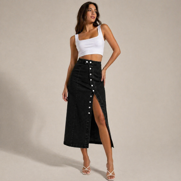 Women's denim skirt styled look — chic — Dea Bella Denim Skirt for every occasion — Sonverdano
