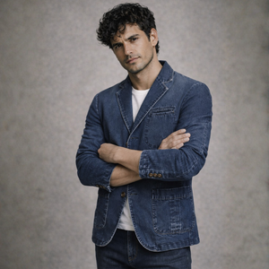 Men's denim denim blazer close-up — smart casual — Mateo Denim Blazer — Sonverdano