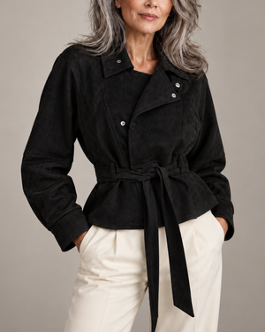 Women's black suede jacket back view — outerwear — Diane Peplum Jacket — Sonverdano