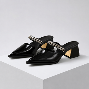 Women's black heels side view — elegant — Cassandra Pointed Toe Chain Mules — Sonverdano