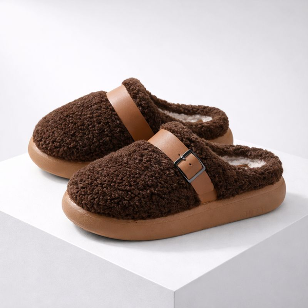 Women's brown slippers back view — everyday for every occasion — Queey Plush Slippers — Sonverdano