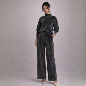 Women's pants — versatile — PR-0597 - Women's Velvet Knit Long Sleeve Two-Piece Set with Wide Leg Pants — Sonverdano