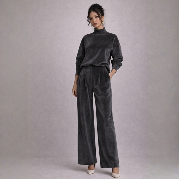 Women's pants — versatile — PR-0597 - Women's Velvet Knit Long Sleeve Two-Piece Set with Wide Leg Pants — Sonverdano