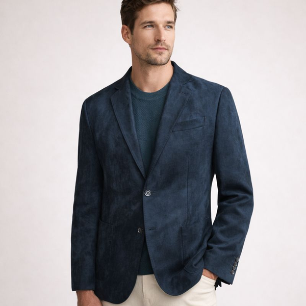 Man wearing a dark blue blazer over a green shirt on a white background