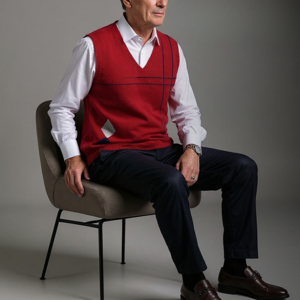 Man wearing a red vest over a white shirt, sitting on a chair against a gray background