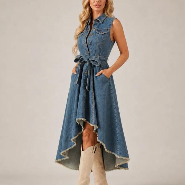 Women's denim dress side view — chic — Loretta Denim Dress for every occasion — Sonverdano