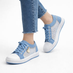 Women's denim denim sneakers front view — casual — Stacy Denim Lace Sneakers — Sonverdano