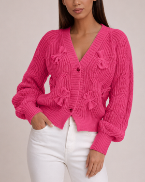 Women's pink textured cardigan back view — cozy — Ariana Bow Knit Cardigan — Sonverdano