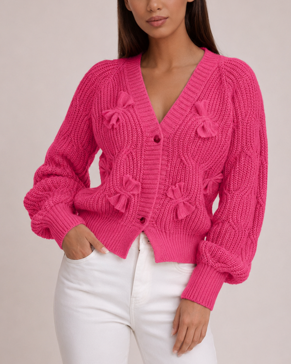 Women's pink textured cardigan back view — cozy — Ariana Bow Knit Cardigan — Sonverdano
