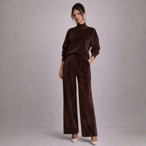 Women's pants — versatile — PR-0597 - Women's Velvet Knit Long Sleeve Two-Piece Set with Wide Leg Pants — Sonverdano