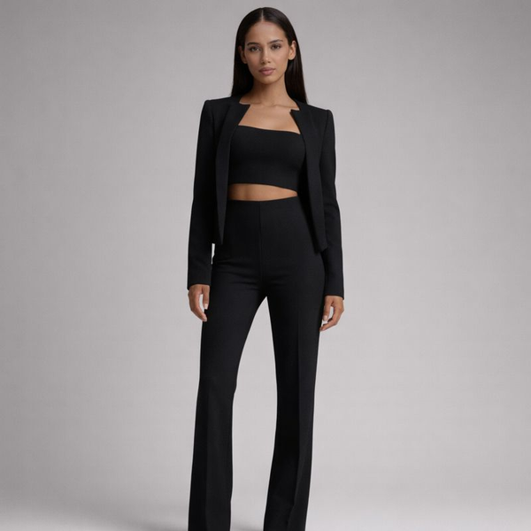 Woman wearing a black suit on a gray background