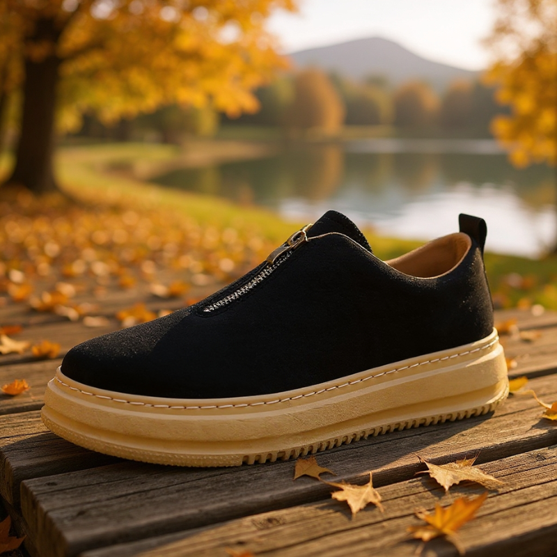 Black slip-on shoe with beige sole on a wooden surface with autumn leaves and a lake in the background