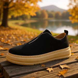 Black slip-on shoe with beige sole on a wooden surface with autumn leaves and a lake in the background