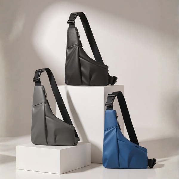 Three bags in black, gray, and blue on white cubes against a neutral background