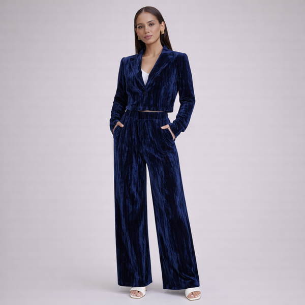 Women's blue silk set back view — coordinated — Djuna Velvet 2 Piece Set — Sonverdano