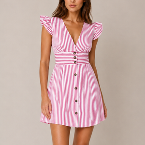 Women's pink striped dress detail view — summer — Bianca Striped Mini Dress — Sonverdano
