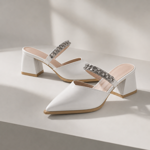 Women's heels back view — elegant — Cassandra Pointed Toe Chain Mules — Sonverdano