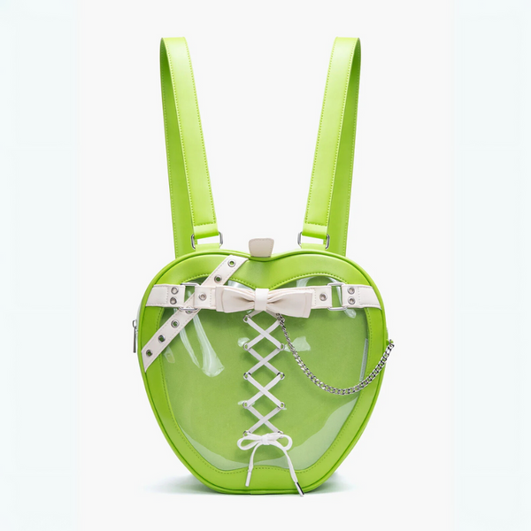 Green heart-shaped backpack with a bow and lace details on a white background