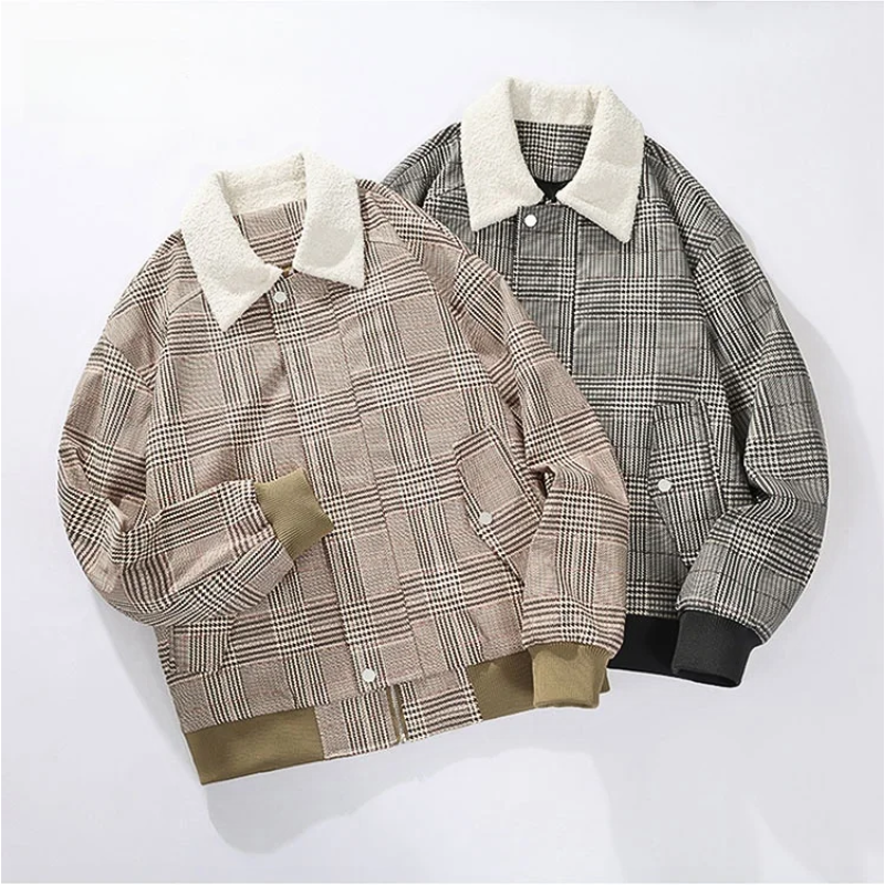 Plaid jacket with a white collar on a light gray background