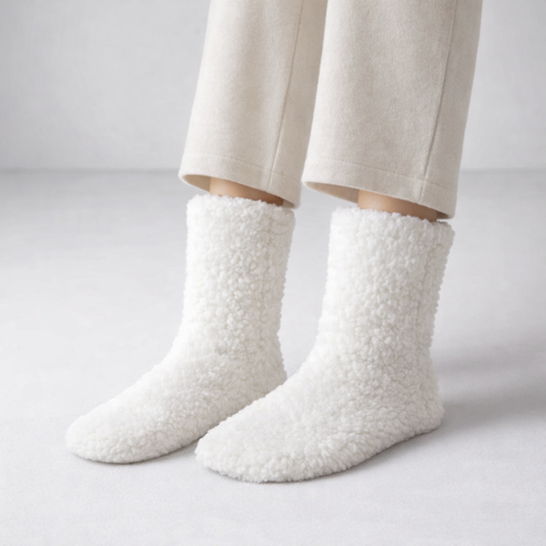White fuzzy socks worn with beige pants on a light gray background