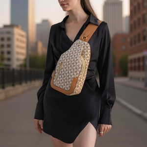 Woman wearing a patterned sling bag with a cityscape background