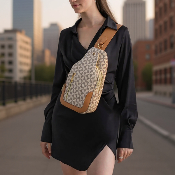 Woman wearing a patterned sling bag with a cityscape background