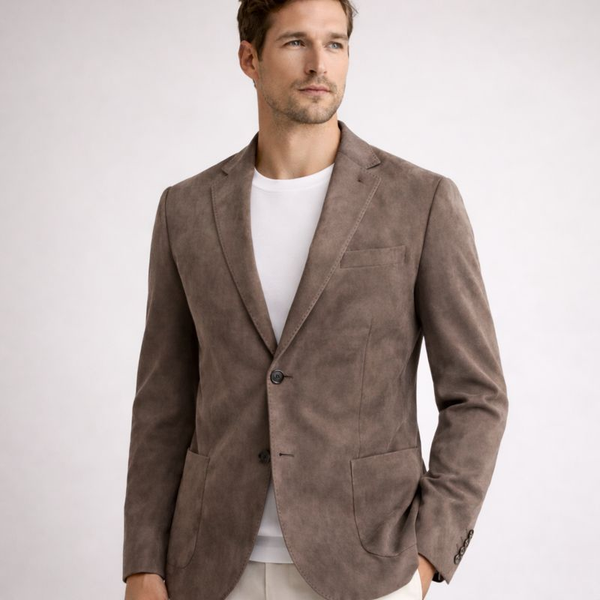 Man wearing a brown blazer over a white shirt on a light gray background