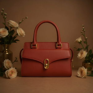 Red handbag with gold accents on a brown background with flowers
