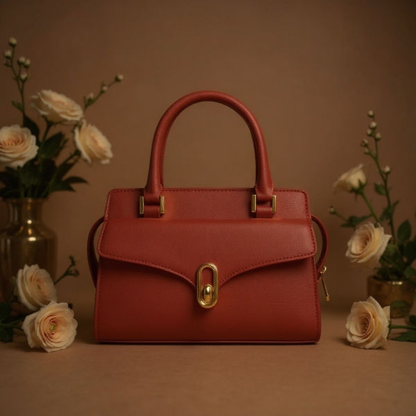 Red handbag with gold accents on a brown background with flowers