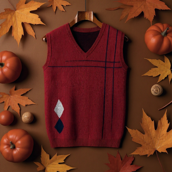 Red sweater vest on a hanger with autumn leaves and pumpkins on a brown background