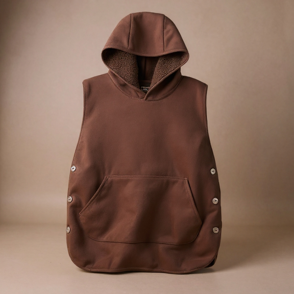 Brown sleeveless hooded garment on a beige background