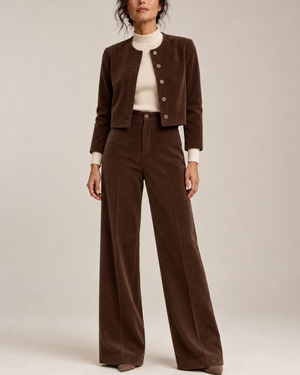 Women's brown ribbed pants close-up — versatile — Sissi Corduroy 2-Piece Set — Sonverdano